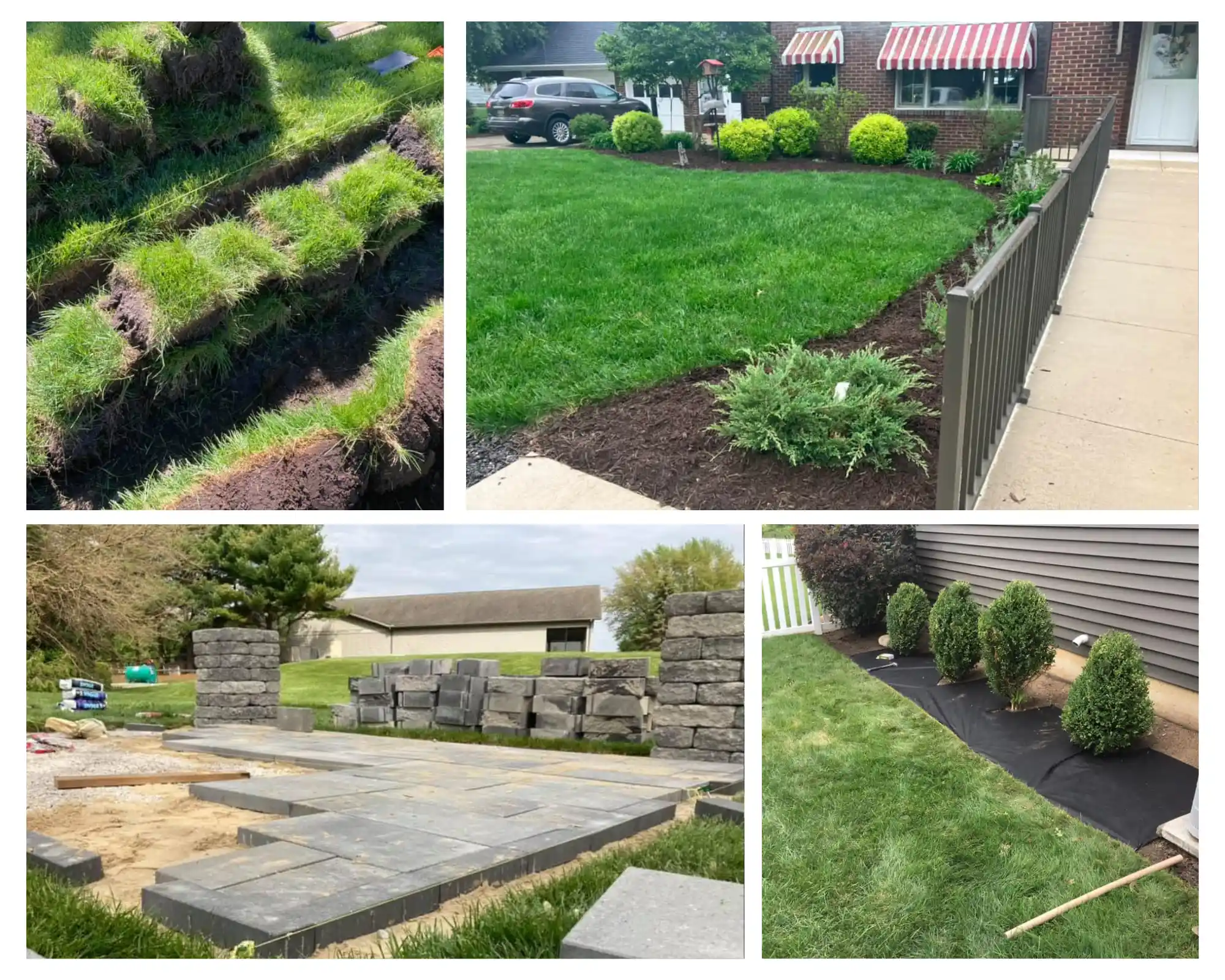 Landscapers installing shrubs, flower beds, and mulch around a home in North Prairie, WI